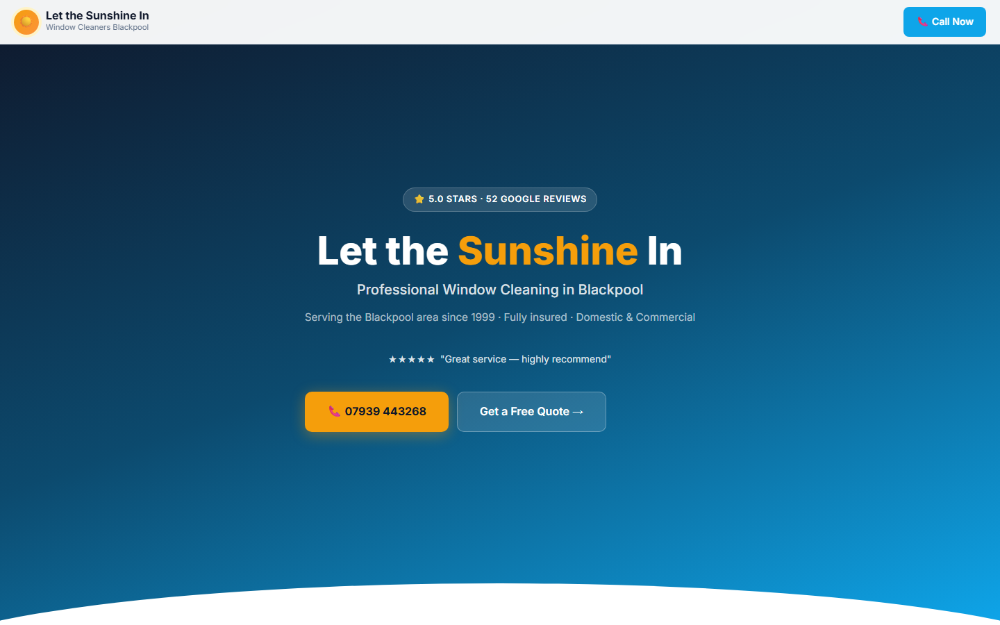 Let The Sunshine In window cleaning website screenshot